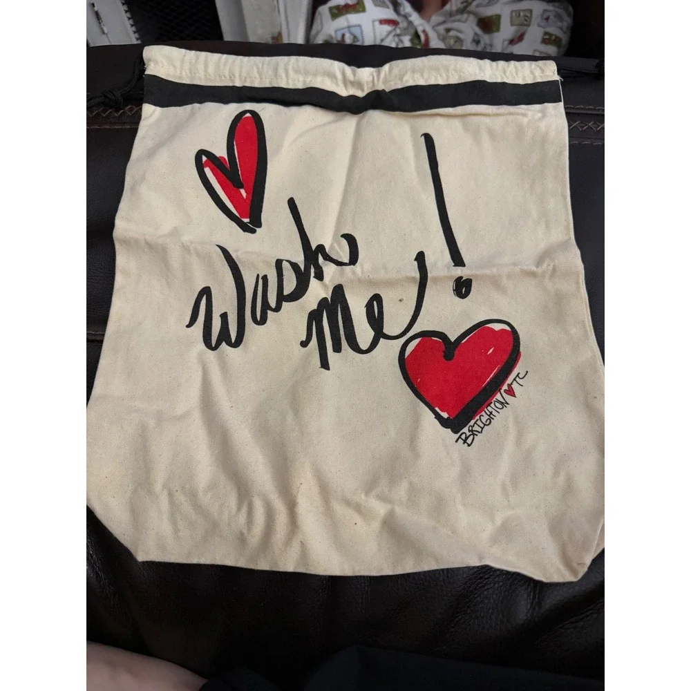 Brighton Wash Me Canvas Laundry Bag Cream Red Heart Travel Drawstring Pouch